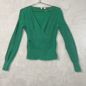 Anthropologie Moth Faux Wrap Ribbed Sweater Kelly Green Low V-Neck Women's XS